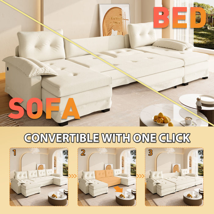 U-Shaped Sleeper Sofa With Pull Out Bed, Removable Armrests & USB Ports For Living Room
