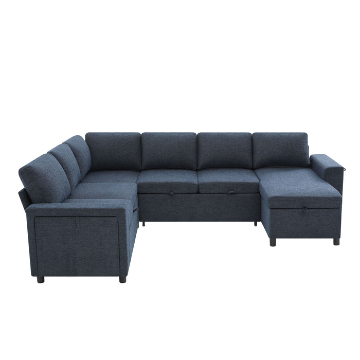U - Shaped Convertible Sectional Sofa Bed With Storage, USB Charger & Cup Holders