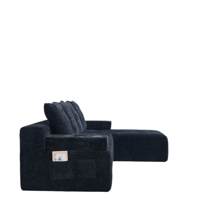 L - Shaped Sectional Sofa With Side Pockets, Wireless Charging, USB Ports, Cup Holder, Bluetooth Speaker, Reversible Lounge Chaise - Black