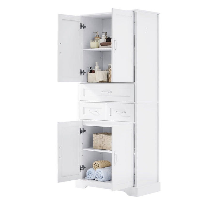 Tall Bathroom Storage Cabinet With 4 Doors 3 Drawers Adjustable Shelves - White