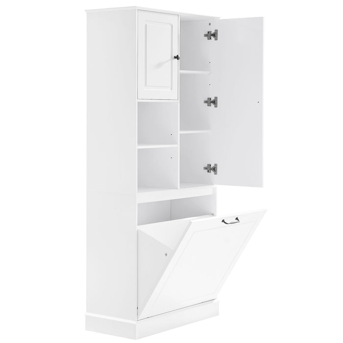 Modern Tall Storage Cabinet With Adjustable Shelves, Flip-Out Basket & Enclosed Doors
