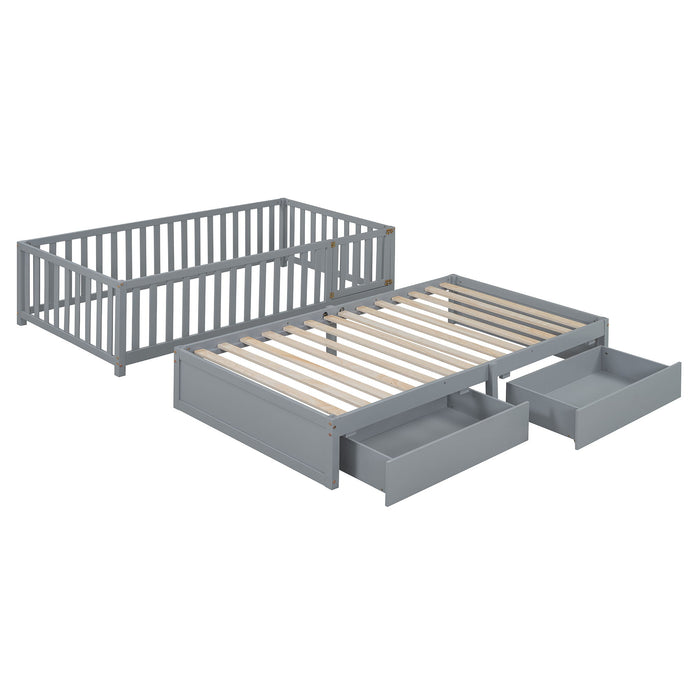 Daybed With Fence Guardrails And 2 Drawers, Split Into Independent Floor Bed & Daybed