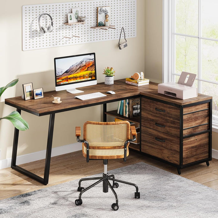 L-Shaped Computer Desk With 3 Drawers And Storage Shelves, Reversible Corner Workstation For Small Rooms - Brown / Black