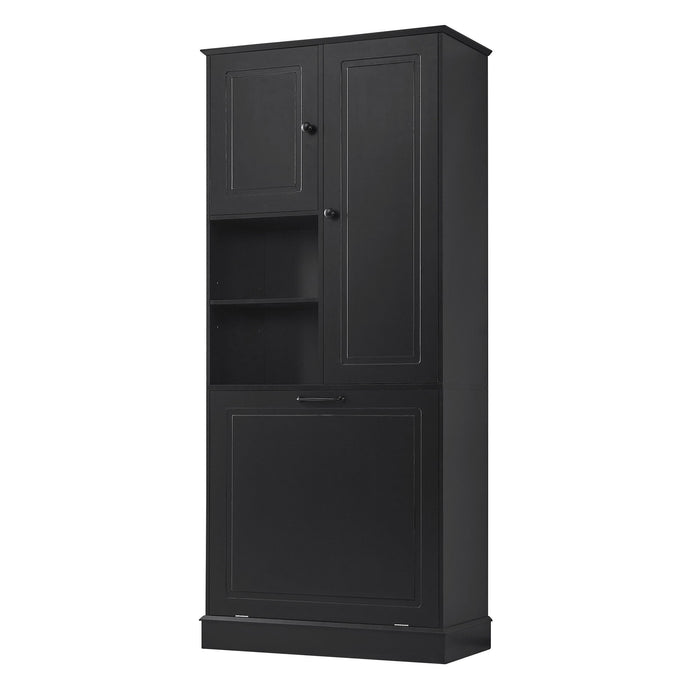 Modern Tall Storage Cabinet With Adjustable Shelves, Flip-Out Basket & Enclosed Doors
