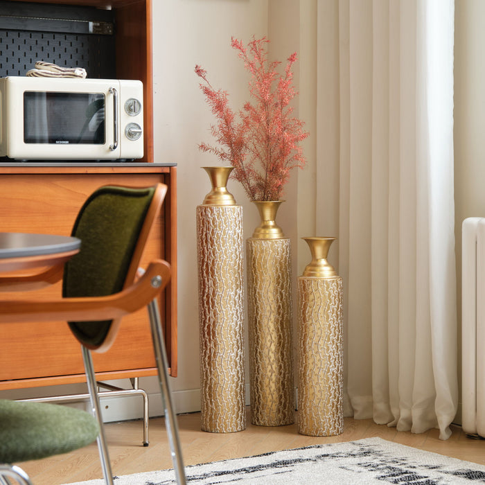 Metal Decorative Vases High Distress Metal Center Vases With Growing Vine Patterns, (Set of 3) Vases For Home Decoration - Gold
