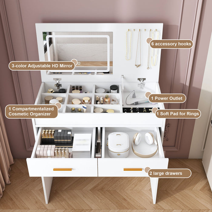 Flip Top Vanity Desk With LED Mirror & Outlet Makeup Table With 2 Drawers, Open Storage, And Jewelry Hooks - White