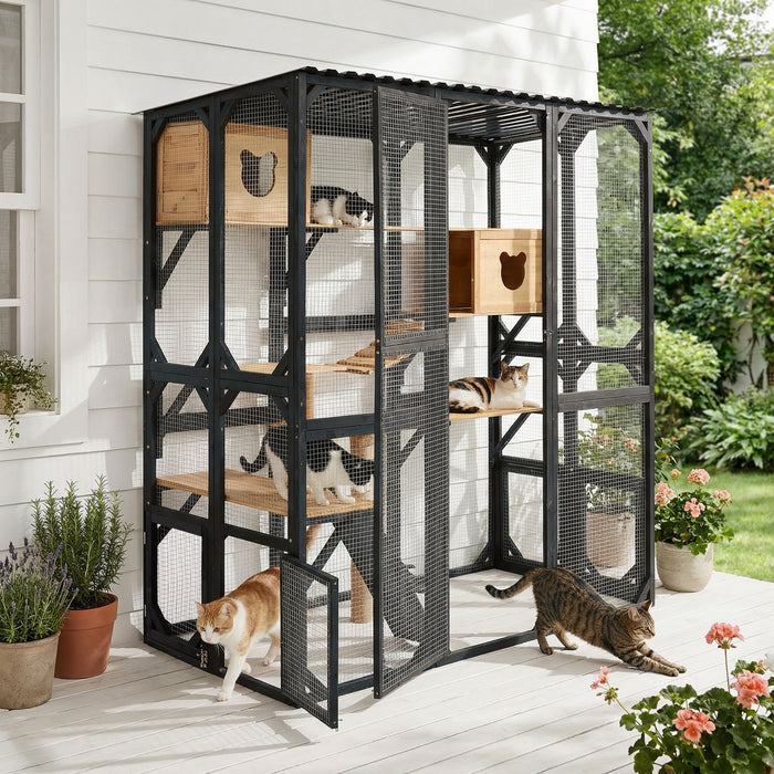 Outdoor Cat Enclosure With Sleeping Houses, Jumping Platforms, Scratching Post