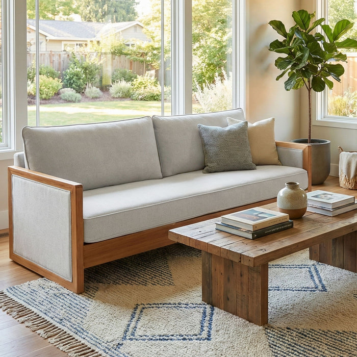 Modern 3 Seater Sofa With Wood Armrests
