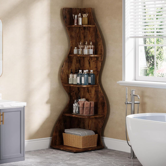 5 Tier Wavy Corner Bookshelf And Plant Stand For Living Room