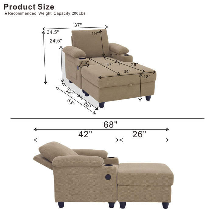 Accent Chair With Storage Ottoman, Reclining Single Chaise Lounge With Cupholders And USB, C Ports
