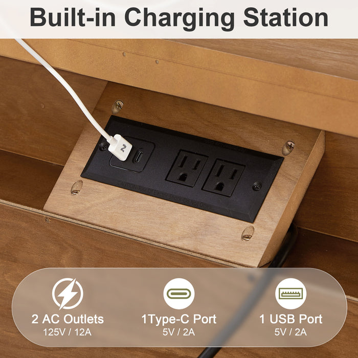 Nightstand With Charging Station, 3 Drawer Bedside Table - Natural Wood
