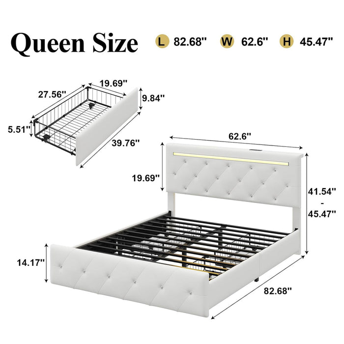 Upholstered Bed Frame With LED Lights, 4 Storage Drawers, Charging Station