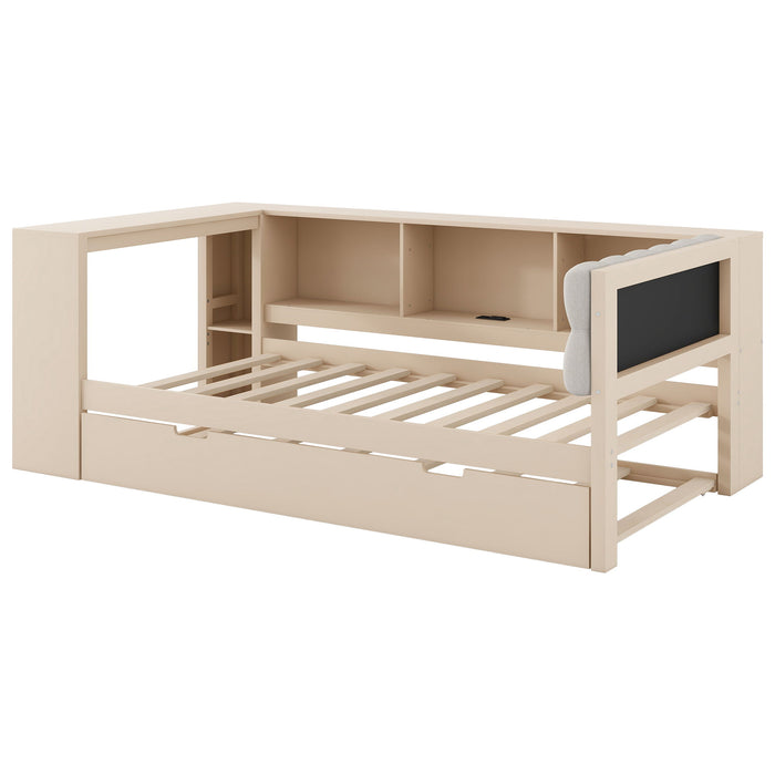 Upholstered Headboard Platform Bed With Storage Shelves, Trundle, Charging Station