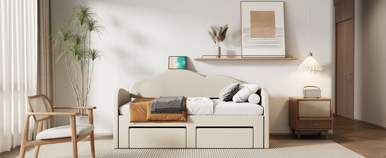 Upholstered Daybed With Cloud-Shaped Backrest, Trundle & 2 Drawers And USB Ports