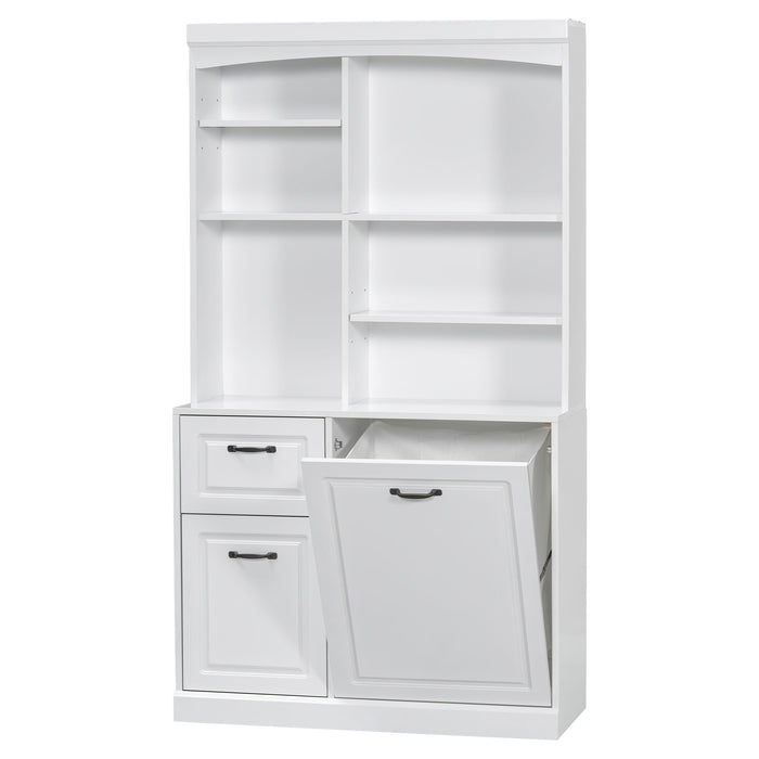 Bathroom Storage Cabinet With Tilt Out Hamper, Tall Free Standing Organizer With Drawers & Adjustable Shelves, Linen Tower With Steel Handles - White