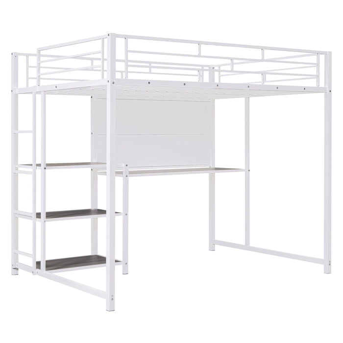 Metal Loft Bed With Desk, 3 Shelves And Ladder