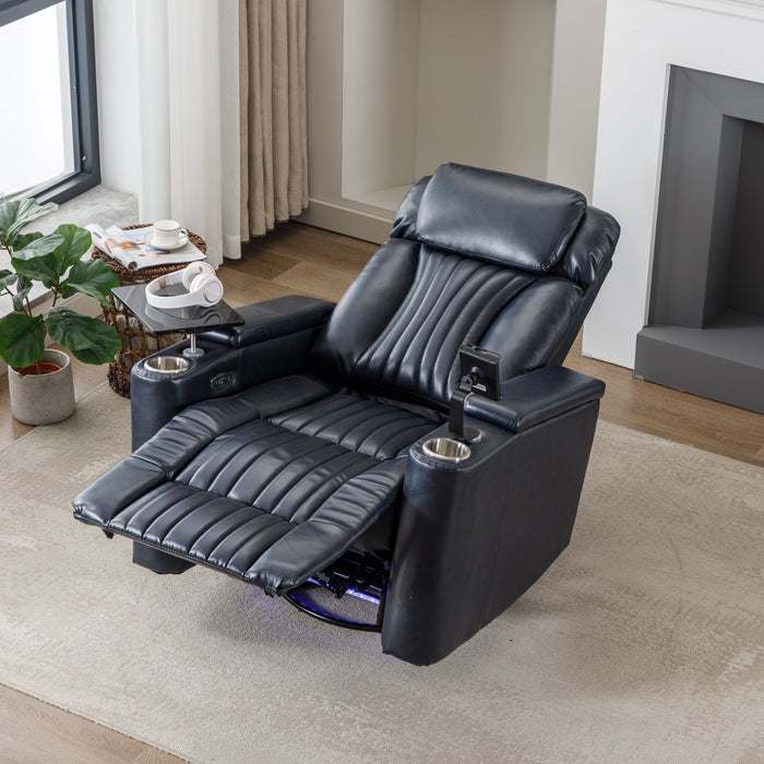 270° Power Swivel Recliner Home Theater Chair With Hidden Arm Storage, LED Light, Cup Holder, And Tray Table