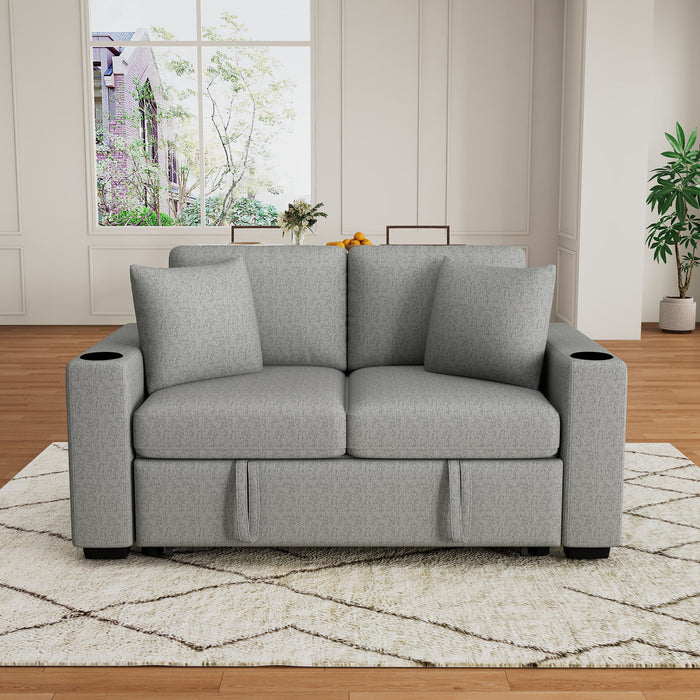 Modern 2 Seater Loveseat Sofa With Pull-Out Bed, Chenille Fabric, Built-In USB Ports & Cup Holders