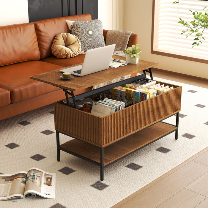 Rectangle Lift Top Coffee Table With Hidden Storage And Lower Shelf - Brown
