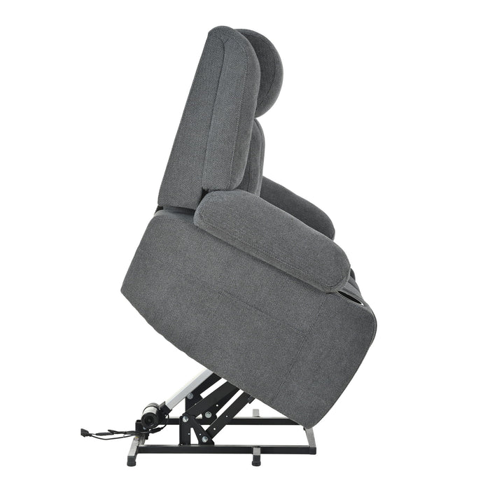 Power Lift Recliner Chair With Extended Footrest, Remote Control, Cup Holders, And Side Pockets