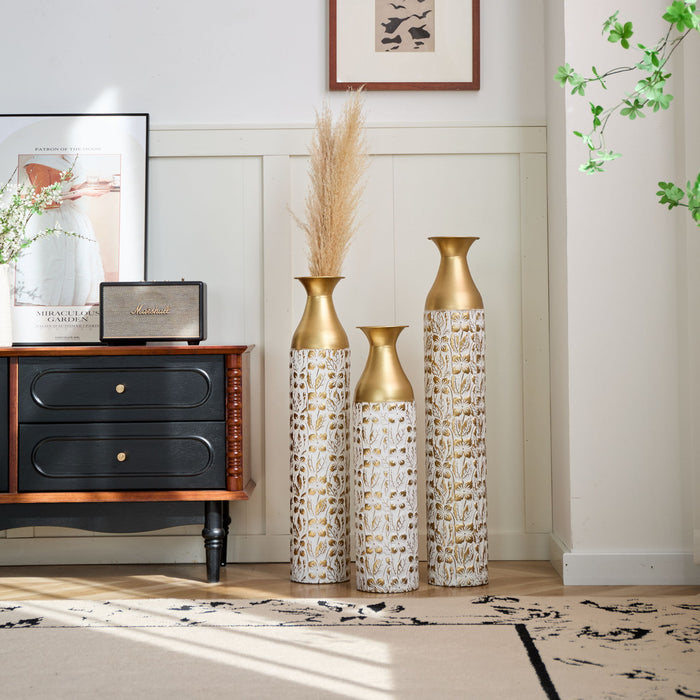 Mother's Day Gift Set Gilded White 3D Relief Flower Metal Vase Set - White / Gold