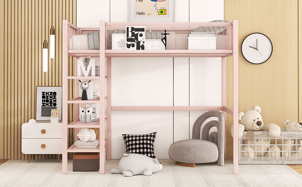 Loft Bed With 4 Tier Shelves And Storage