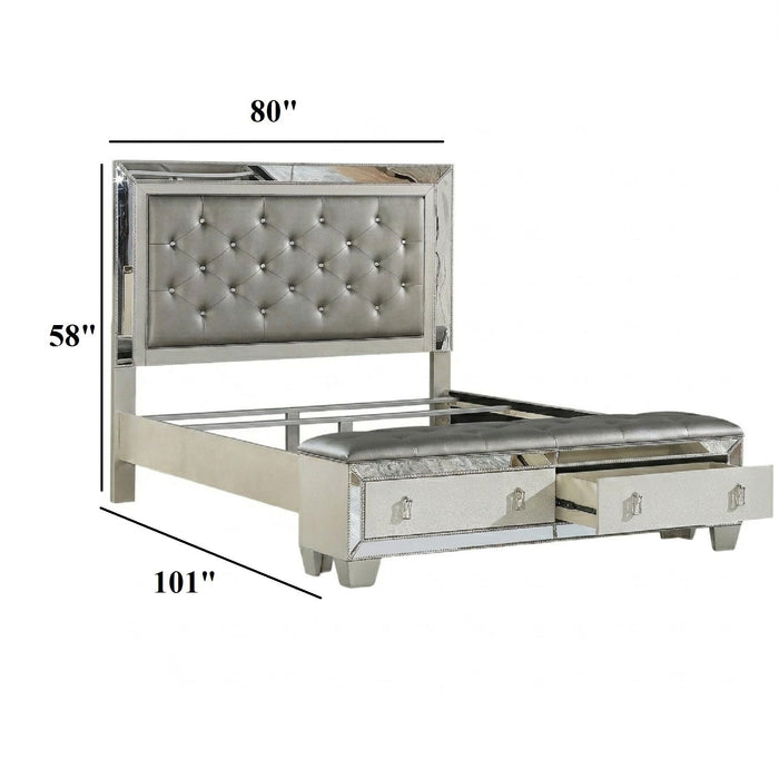 Glamorous Tufted Headboard Bed With Mirror Trim