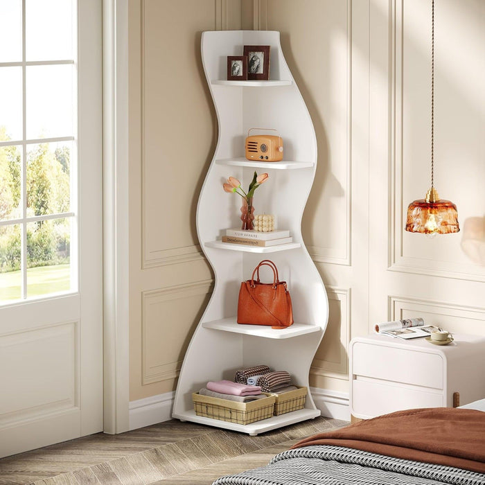 5 Tier Wavy Corner Bookshelf And Plant Stand For Living Room