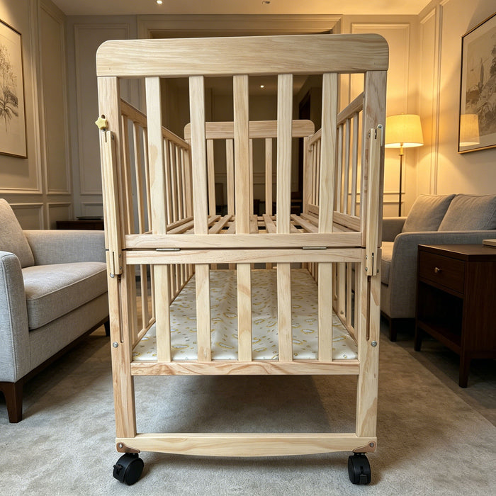 Portable Mini Baby Crib 5 In 1 Convertible With Foldable Storage - Natural Wood