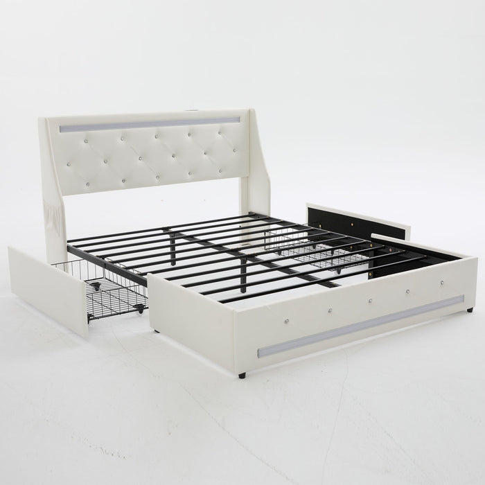 Wingback Upholstered Bed Frame With LED Lights, Charging Station