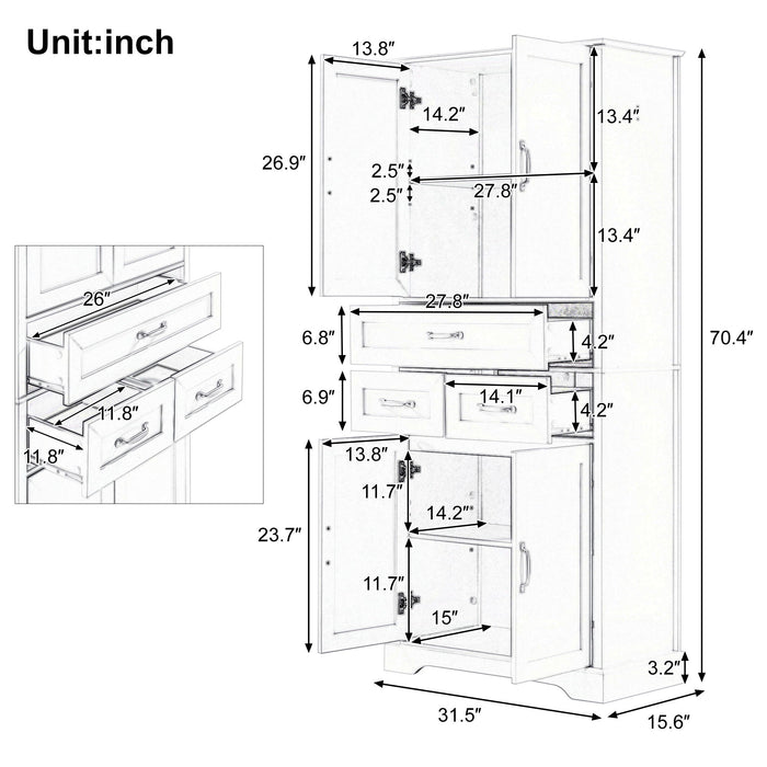 Tall Bathroom Storage Cabinet With 4 Doors 3 Drawers Adjustable Shelves - White