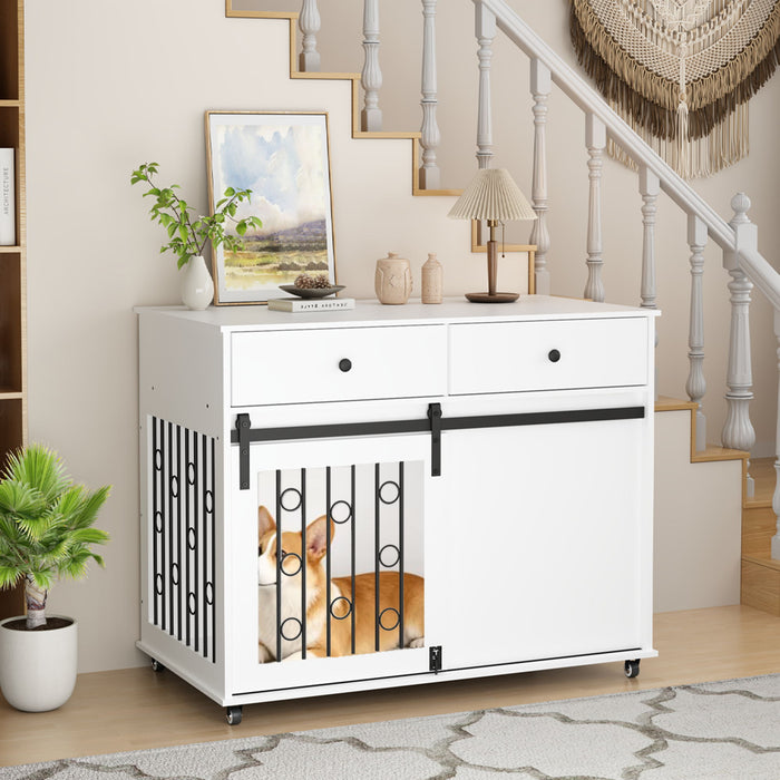 Dog Crate Furniture With Double Drawers And Sliding Barn Door, Pet Kennel For Small To Medium Dogs - White