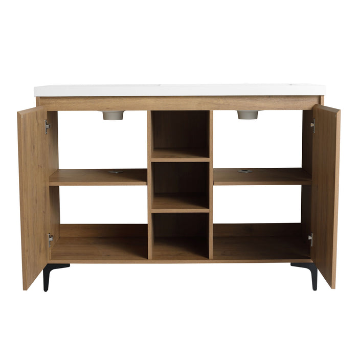 Elegant 48" Freestanding Bathroom Vanity With Double Resin Sink And Storage Rack Soft Close Doors - Imitative Oak