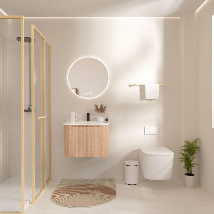 Wall Mounted Bathroom Vanity With Countertop, Sink, Curved Design With Stripe - Natural Wood