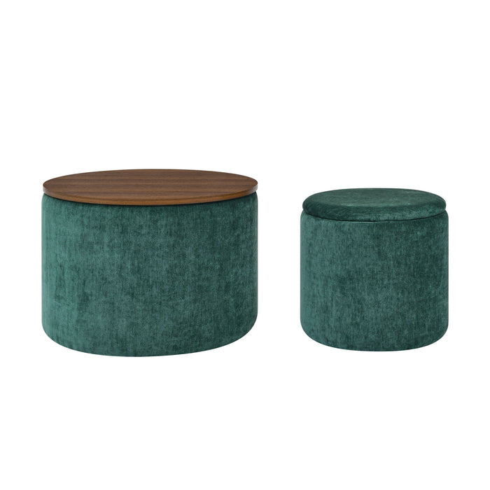 Classic 2 Piece Round Storage Ottoman Set With Drum Shaped Stool