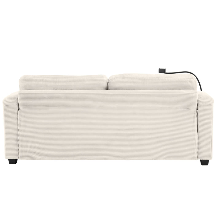 Corduroy Sleeper Sofa Loveseat Sofa With Full Size Mattress, 2 USB Ports, 2 Cup Holders, 2 Side Pockets And Phone Holder