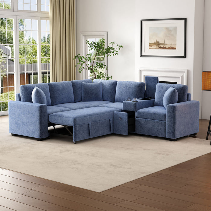 Contemporary L Shaped Convertible Sofa Bed With Pull Out Bed, Cup Holders, And Storage