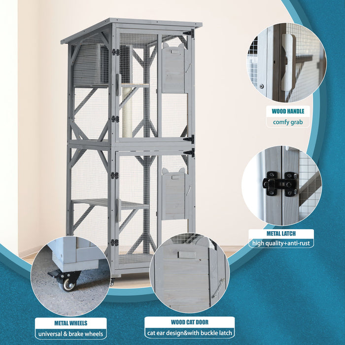 Large Cat House Outdoor Catio Cat Enclosures On Wheels, Kitty House With Upgraded Resting Box Waterproof Roof - Gray