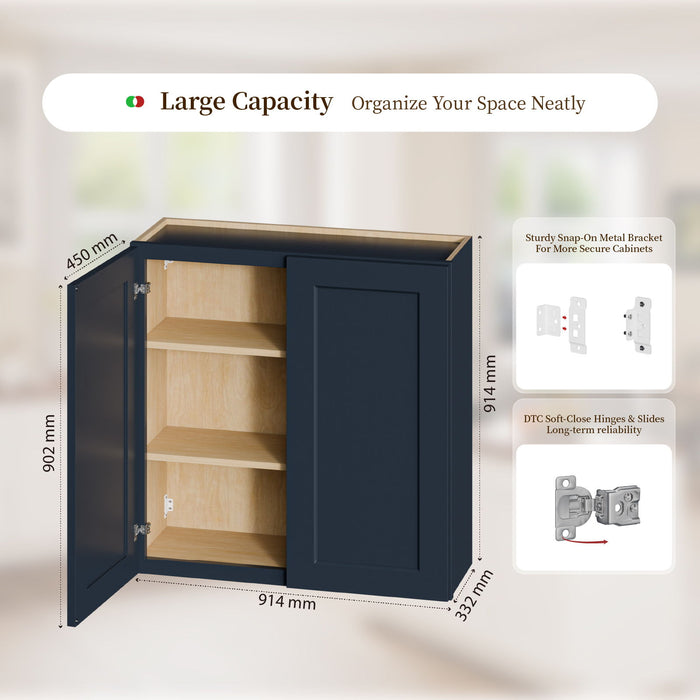 Shaker Wall Cabinet With Soft Close Hinges, Adjustable Shelves, Double Door
