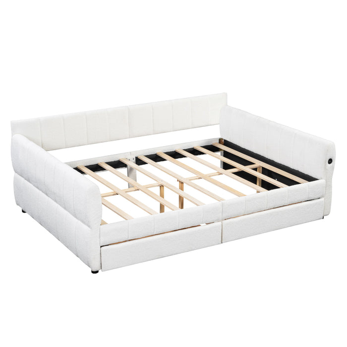 Queen Upholstered Platform Bed With USB Charging And 2 Storage Drawers - White