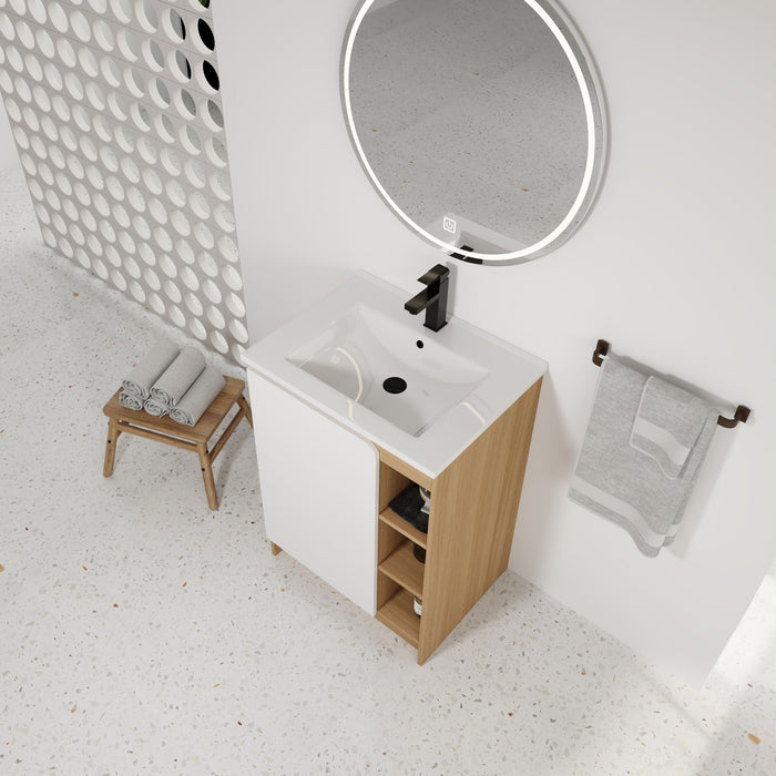 Freestanding Bathroom Vanity With Thin Rim Sink, Single Door With 4 Tier Open Shelves - Light Oak / White