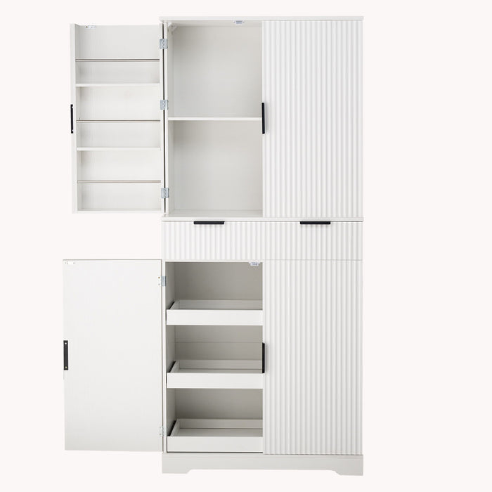 Fluted Kitchen Pantry Cabinet With 3 Keyboard Drawers & 6 Adjustable Door Shelves