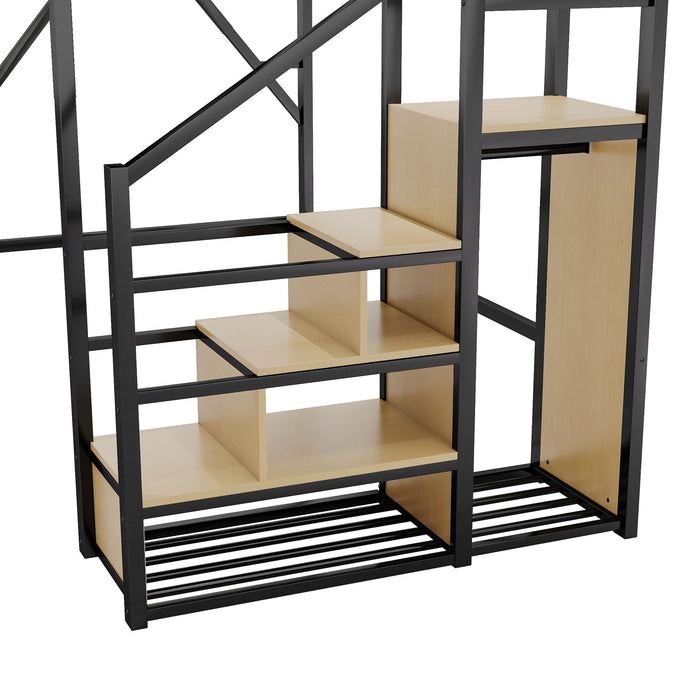 Full Size Loft Bed With Stairs With Storage Shelves With Wardrobe - Black