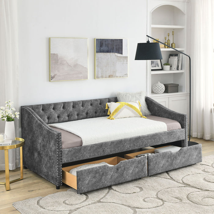 Upholstered Tufted Daybed With 2 Drawers, Waved Arms