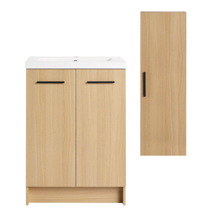 Freestanding Bathroom Vanity Set With Tall Linen Cabinet, Single Sink, Extra Storage, Soft Close Doors - Glossy White / Light Oak
