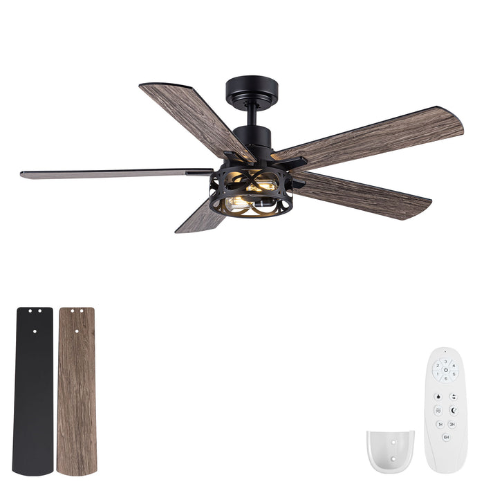 Ceiling Fan With Light, Dual‑Sided Matte Black & Wood Grain Blades - Black