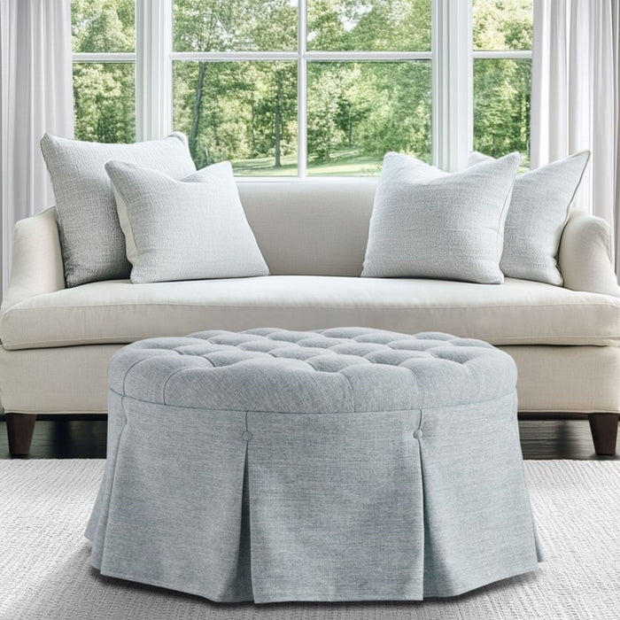 Skirted Tufted Round Ottoman With Button Top - Gray
