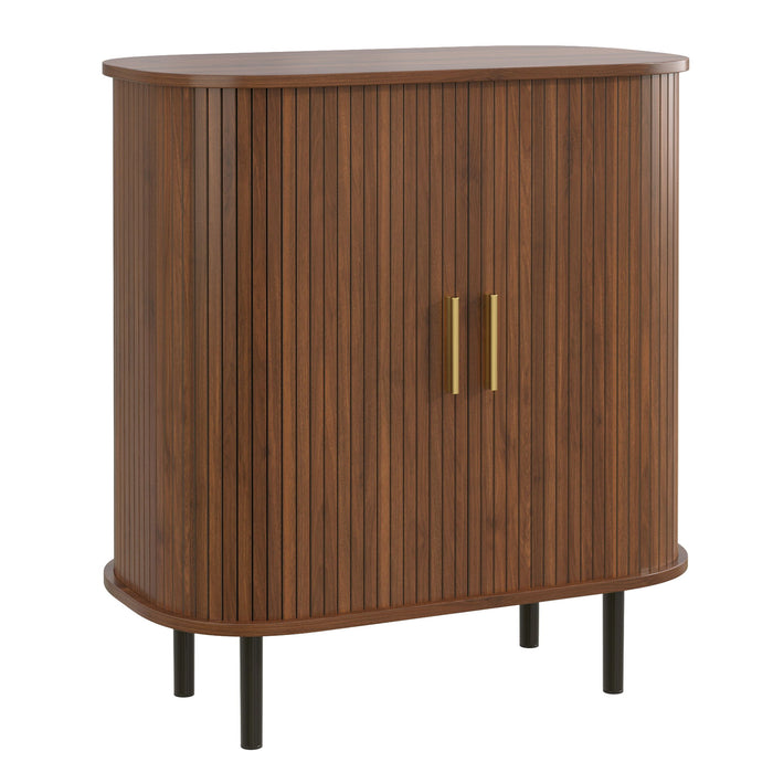 Fluted Wine Bar Cabinet With 8 Grid Wine Rack, 5 Level Adjustable Shelves, 2 Glass Holders