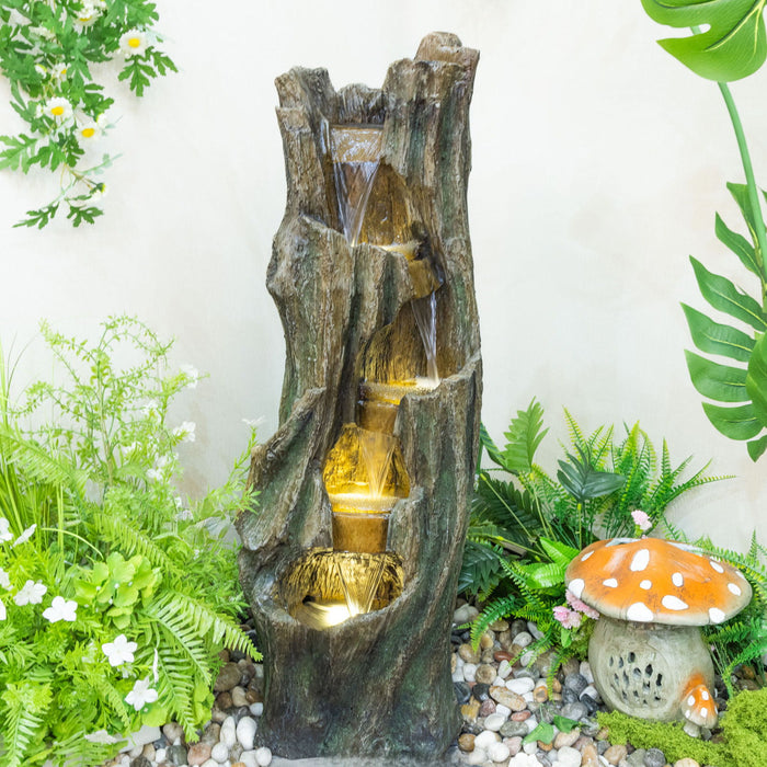 Tree Trunk Cascading Water Fountain, Outdoor LED Lighted - Gray