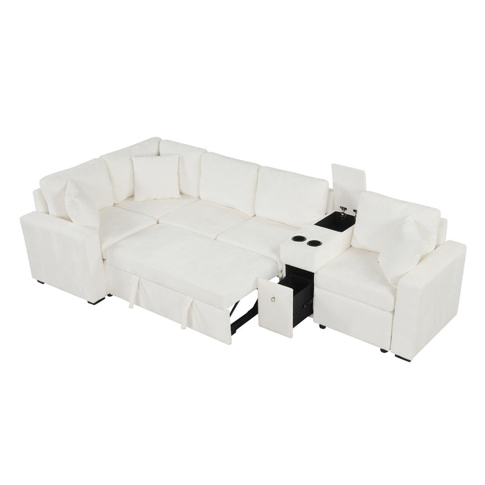 Contemporary L Shaped Convertible Sofa Bed With Pull Out Bed, Cup Holders, And Storage